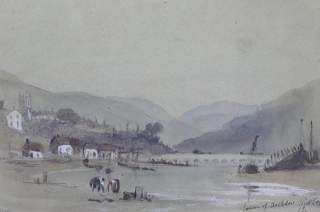 Charles Bentley (1808–1854), watercolour, Estuary scene with fishing vessels, Town of Arklow, Wicklow, signed in pencil, John Spink label verso, 17 x 26cm